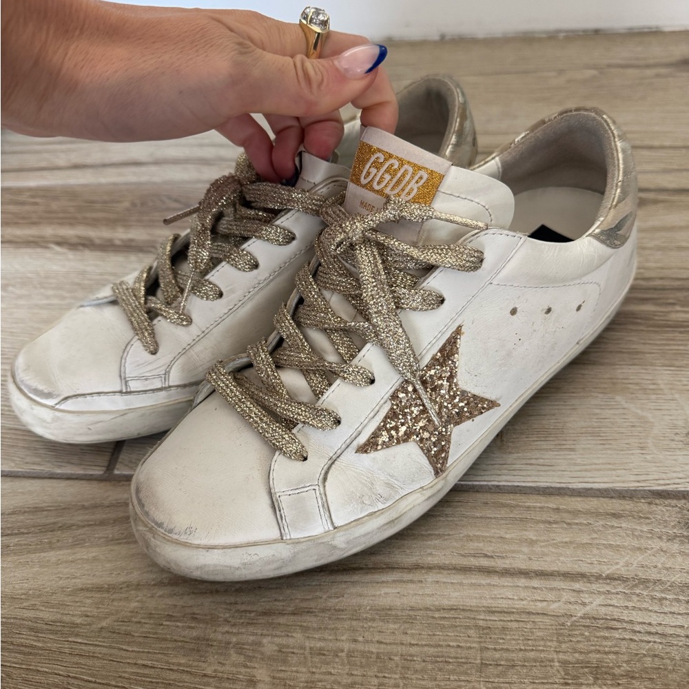 Golden Goose Women's White and Gold Glitter Sneakers